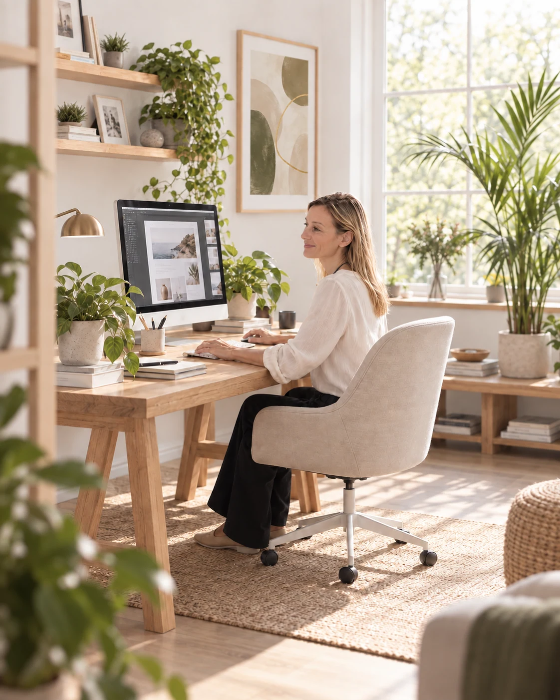 Web designer Nena Zoller working on a website at her desk in a bright home office.